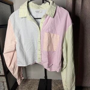 Pastel color stripped button up cropped whimsy, preppy Large